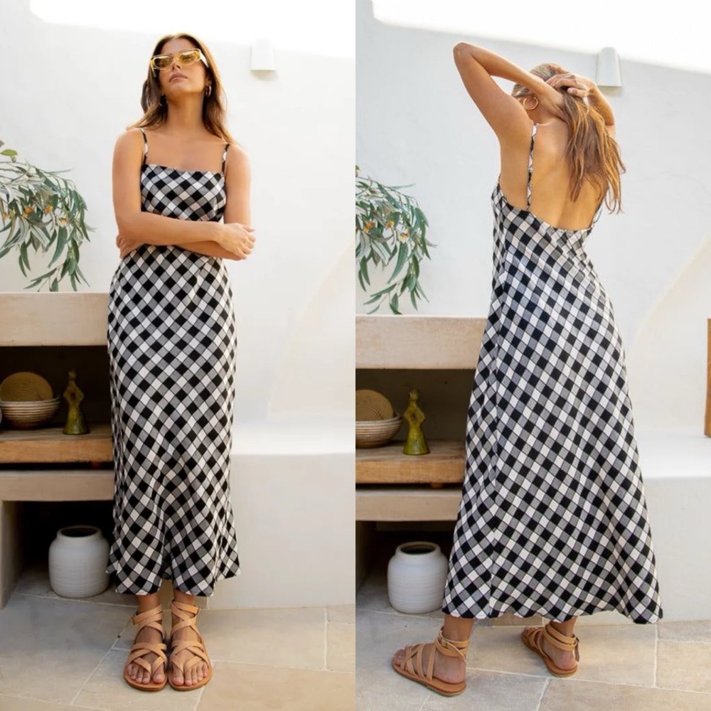 VRG GRL Nights In Ipanema Bias Cut Midi Dress in Black Check